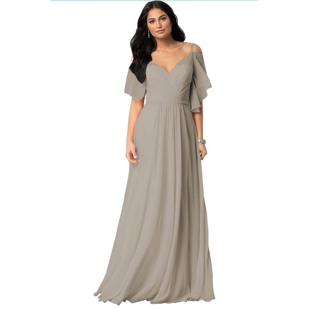KKarine Cold Shoulder Chiffon Long Formal Evening Bridesmaid Dress in Taupe